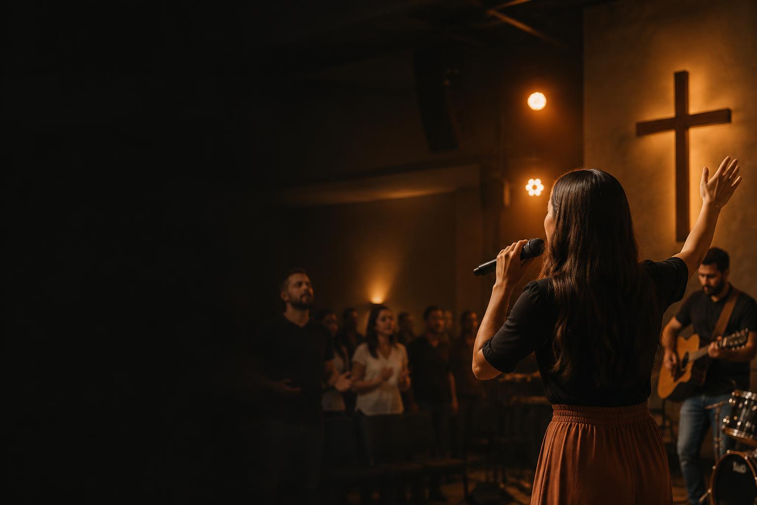 Ministra conduzindo o louvor em uma igreja